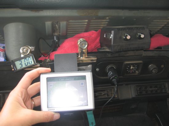 view from passenger's seat: amp, GPS, clock