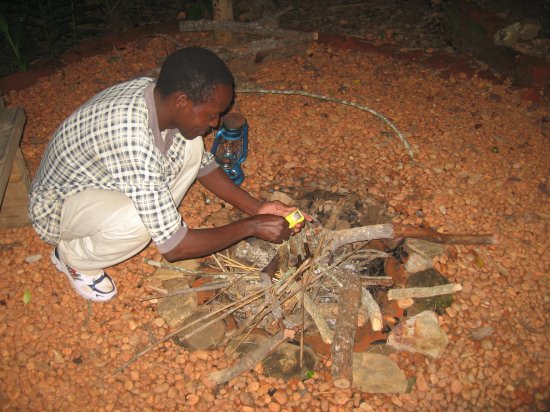 Godwin making a fire "to keep warm"