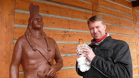 sharing some smoked trout with new friend