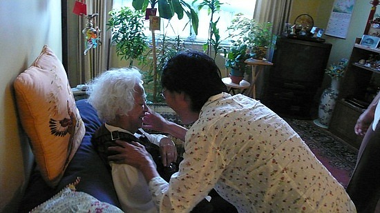 Mom surprising her mom, "We're here!"